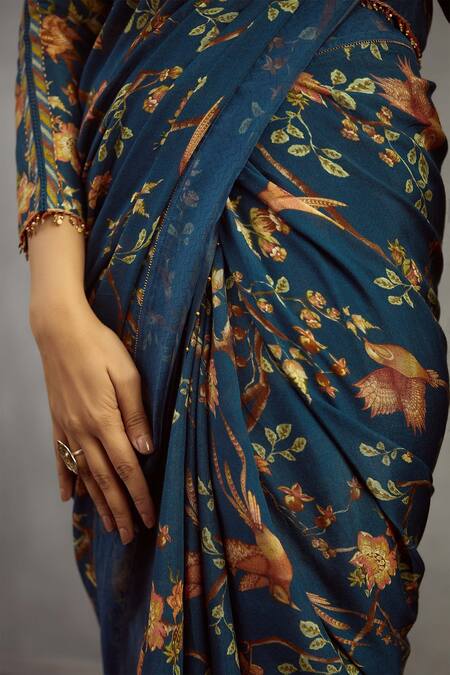 Shop_Torani_Blue Chanderi Printed Saree_Online_at_Aza_Fashions