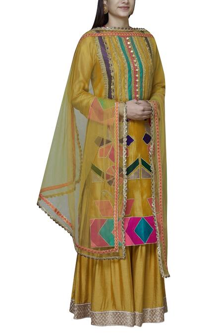 Aneehka_Yellow Chanderi Kurta And Sharara Set_Online_at_Aza_Fashions