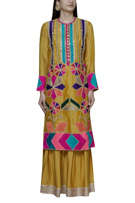 Buy_Aneehka_Yellow Chanderi Kurta And Sharara Set_Online_at_Aza_Fashions