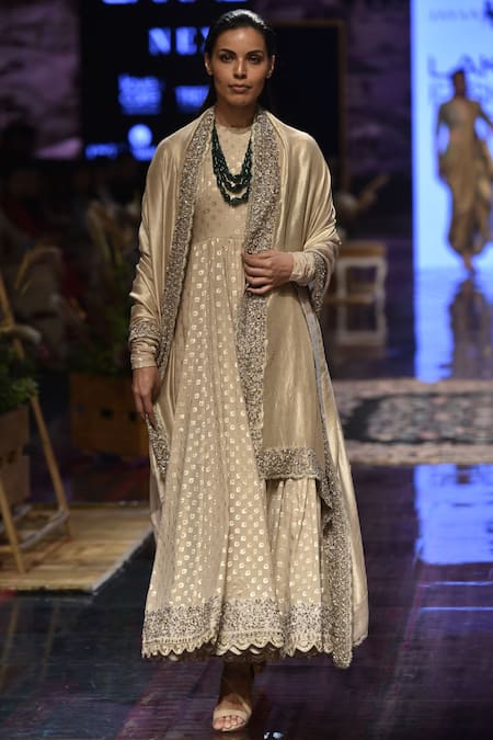 Jayanti Reddy Beige Brocade Silk Anarkali With Dupatta 
