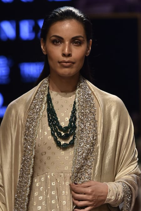 Jayanti Reddy_Beige Brocade Silk Anarkali With Dupatta _Online_at_Aza_Fashions