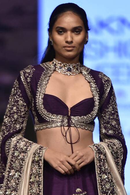 Jayanti Reddy_Purple Raw Silk Sweetheart Neck Embroidered Lehenga Set _Online_at_Aza_Fashions