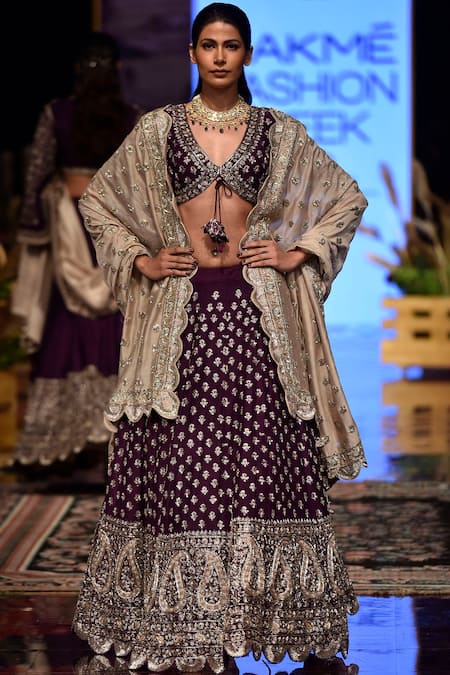 Jayanti Reddy Purple Raw Silk V Neck Embroidered Bridal Lehenga Set 