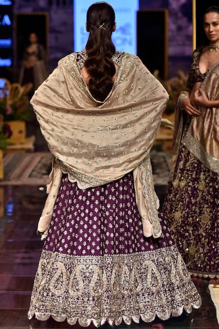 Shop Jayanti Reddy Purple Raw Silk V Neck Embroidered Bridal Lehenga Set at Aza Fashions Shop_Jayanti Reddy_Purple Raw Silk V Neck Embroidered Bridal Lehenga Set _at_Aza_Fashions