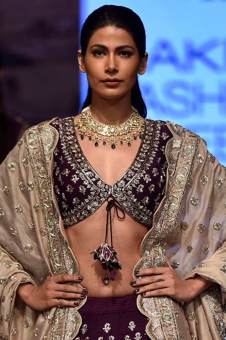 Jayanti Reddy Purple Raw Silk V Neck Embroidered Bridal Lehenga Set Online at Aza Fashions Jayanti Reddy_Purple Raw Silk V Neck Embroidered Bridal Lehenga Set _Online_at_Aza_Fashions