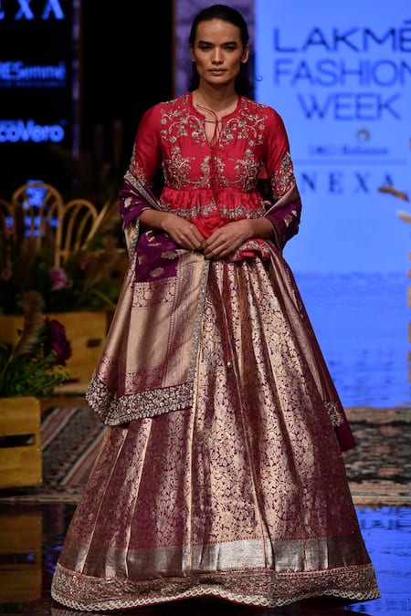 JAYANTI REDDY Pink Brocade Silk Embroidered Lehenga Set