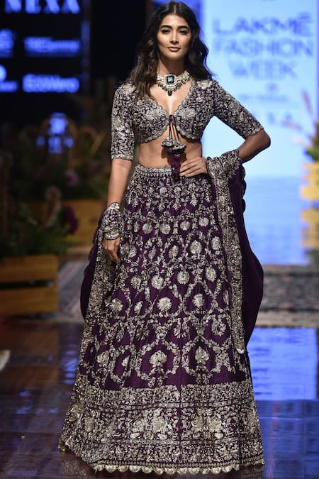 Shop_Jayanti Reddy_Purple Raw Silk V Neck Embroidered Bridal Lehenga Set _at_Aza_Fashions