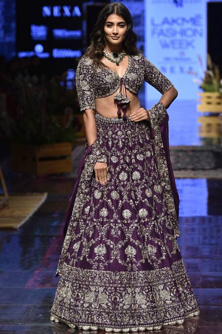 Jayanti Reddy_Purple Raw Silk V Neck Embroidered Bridal Lehenga Set _Online_at_Aza_Fashions