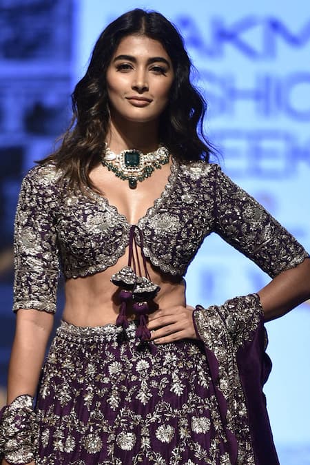 Buy_Jayanti Reddy_Purple Raw Silk V Neck Embroidered Bridal Lehenga Set _Online_at_Aza_Fashions