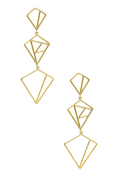 Shop_Varnika Arora_Gold Plated Geometric Danglers_at_Aza_Fashions