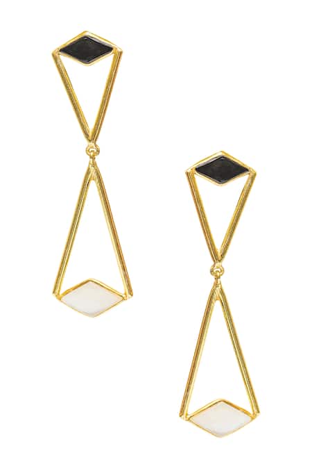 Shop_Varnika Arora_Black Metallic Thread, Stones Geometric Danglers _at_Aza_Fashions