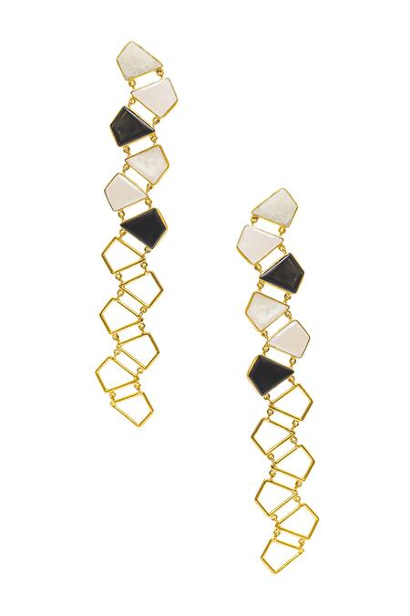 Shop Varnika Arora Black Mop And Semi-precious Stones Geometric Oversized Danglers at Aza Fashions Shop_Varnika Arora_Black Mop And Semi-precious Stones Geometric Oversized Danglers_at_Aza_Fashions