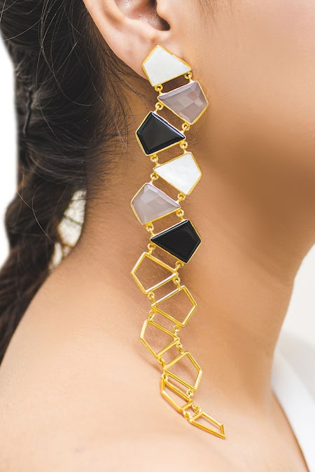 Varnika Arora Black Mop And Semi-precious Stones Geometric Oversized Danglers