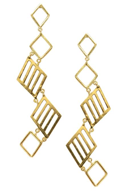 Shop_Varnika Arora_Gold Plated Geometric Long Earrings_at_Aza_Fashions