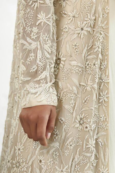 Nakul Sen_Off White Chiffon Round Embroidered Jacket Bridal Lehenga Set _at_Aza_Fashions