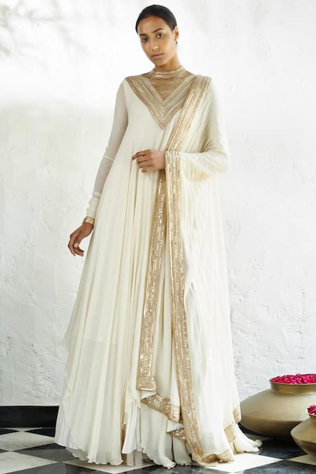 Nakul Sen Off White Chiffon Embroidered Kurta Lehenga Set