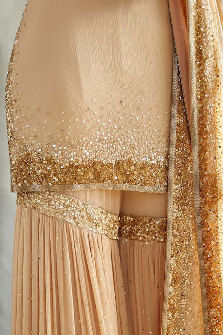 Shop Nakul Sen Peach Chiffon Stand Collar Embroidered Kurta Sharara Set Online at Aza Fashions Shop_Nakul Sen_Peach Chiffon Stand Collar Embroidered Kurta Sharara Set _Online_at_Aza_Fashions