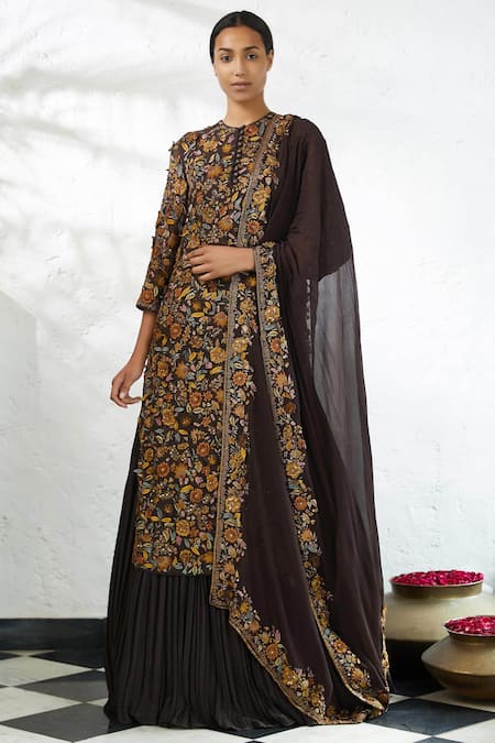 Nakul Sen Brown Chiffon Embroidered Kurta Lehenga Set