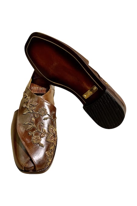 Buy_Artimen_Brown Leather Embroidered Jootis _Online_at_Aza_Fashions