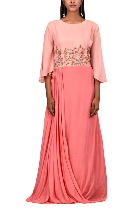 Shop_Samyukta Singhania_Pink Muslin Draped Anarkali_Online_at_Aza_Fashions