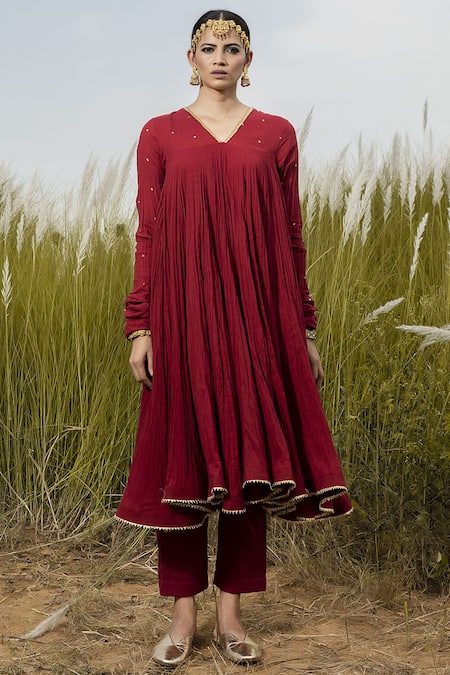 Buy_Kharakapas_Red Anarkali Pant Set _Online_at_Aza_Fashions