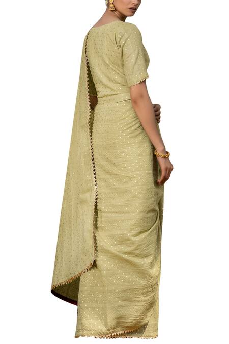 Shop_Kharakapas_Green Printed Saree With Blouse _at_Aza_Fashions