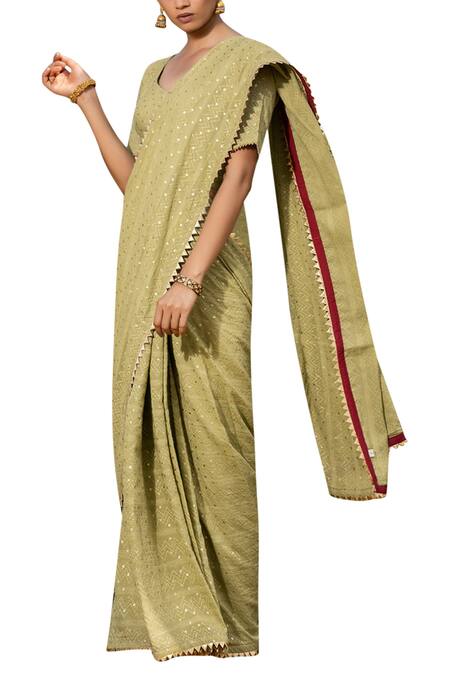 Kharakapas_Green Printed Saree With Blouse _Online_at_Aza_Fashions