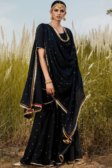 Kharakapas_Black Polka Dotted Dupatta _Online_at_Aza_Fashions