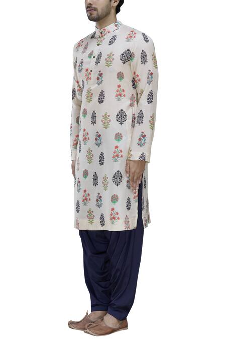 Buy_Pranay Baidya_White Tussar Dupion Silk Printed Kurta_Online_at_Aza_Fashions