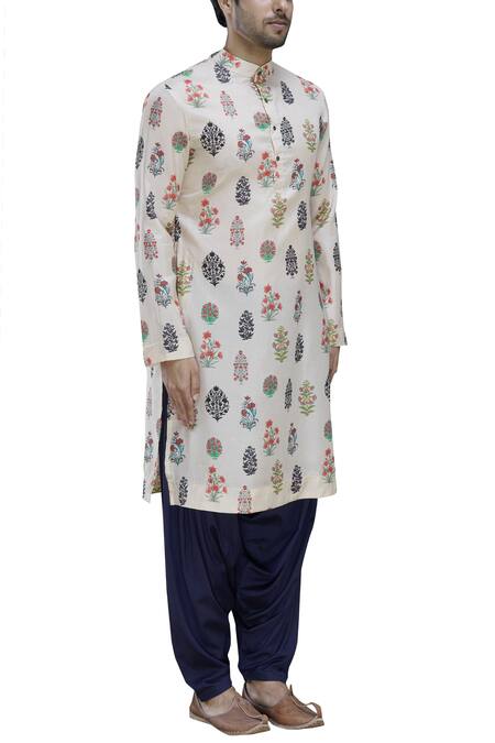 Pranay Baidya_White Tussar Dupion Silk Printed Kurta_Online_at_Aza_Fashions