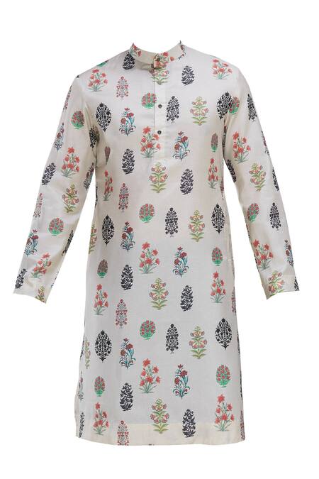 Shop_Pranay Baidya_White Tussar Dupion Silk Printed Kurta_Online_at_Aza_Fashions