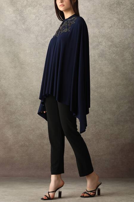 Namrata Joshipura_Blue Jersey Mandarin Collar Asymmetric Tunic_Online_at_Aza_Fashions