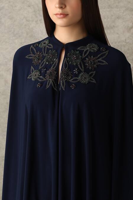 Buy_Namrata Joshipura_Blue Jersey Mandarin Collar Asymmetric Tunic_Online_at_Aza_Fashions