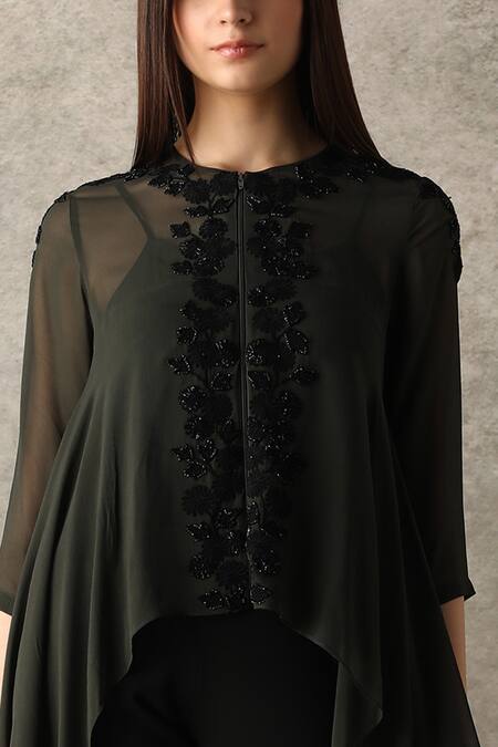 Namrata Joshipura_Green Viscose Georgette Bateau Asymmetric Jacket_Online_at_Aza_Fashions