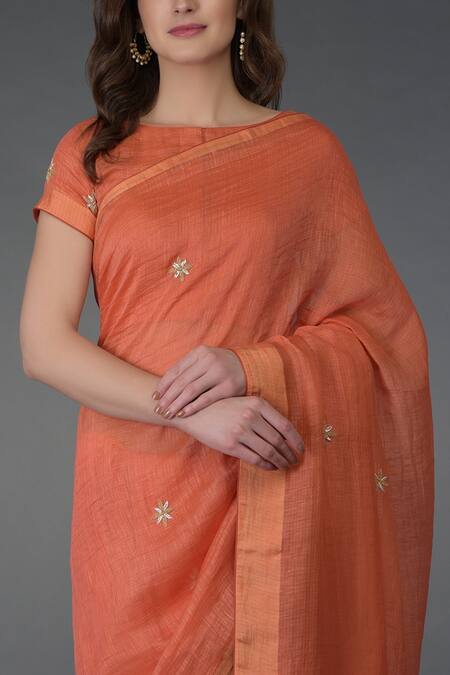 Shop Talking Threads Coral Cotton, Chanderi, Kota Linen Bateau Saree With Blouse Online at Aza Fashions Shop_Talking Threads_Coral Cotton, Chanderi, Kota Linen Bateau Saree With Blouse _Online_at_Aza_Fashions