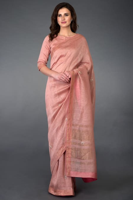 Talking Threads Silk Linen Embroidered Saree Set 