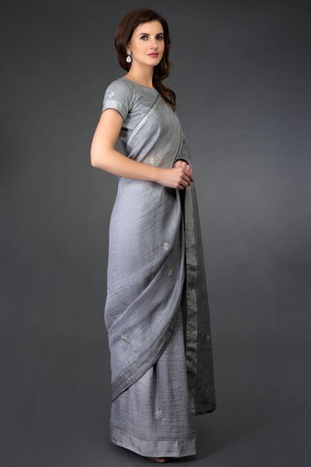 Talking Threads_Grey Cotton, Chanderi, Kota Linen Bateau Saree With Blouse _Online_at_Aza_Fashions