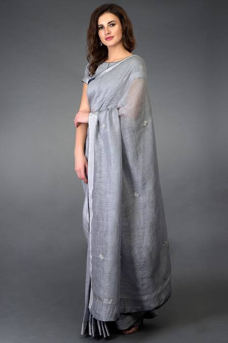 Buy_Talking Threads_Grey Cotton, Chanderi, Kota Linen Bateau Saree With Blouse _Online_at_Aza_Fashions