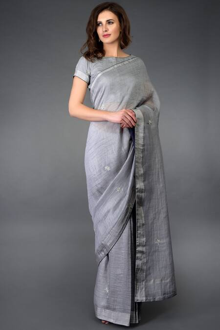 Shop_Talking Threads_Grey Cotton, Chanderi, Kota Linen Bateau Saree With Blouse _Online_at_Aza_Fashions
