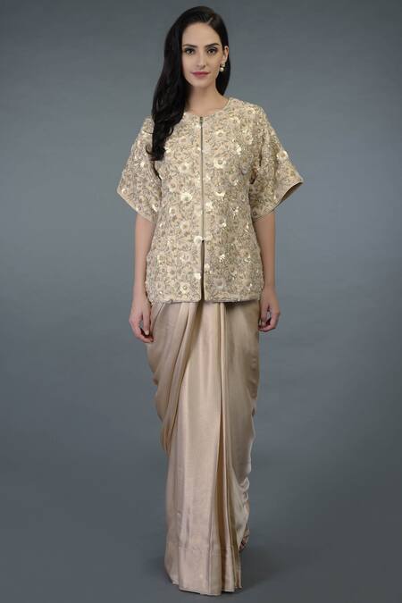 Talking Threads Beige Saree With Embroidered Jacket 