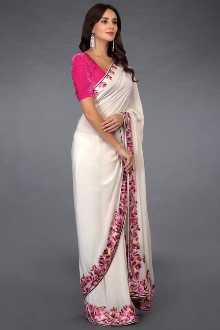 Talking Threads_Off White Pure Crepe Silk Embroidered Saree With Unstitched Blouse Fabric_Online_at_Aza_Fashions