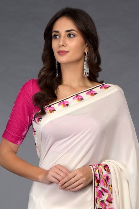 Shop_Talking Threads_Off White Pure Crepe Silk Embroidered Saree With Unstitched Blouse Fabric_Online_at_Aza_Fashions