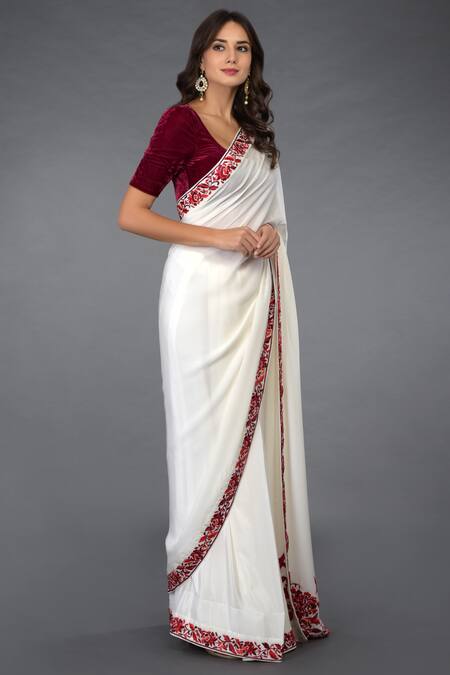 Talking Threads_Off White Pure Crepe Silk Embroidered Saree With Unstitched Blouse Fabric_Online_at_Aza_Fashions