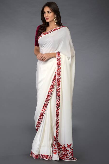Buy_Talking Threads_Off White Pure Crepe Silk Embroidered Saree With Unstitched Blouse Fabric_Online_at_Aza_Fashions
