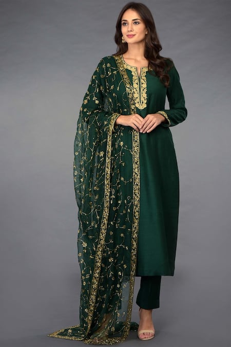 Talking Threads Green Tussar Silk Split Kurta Set  