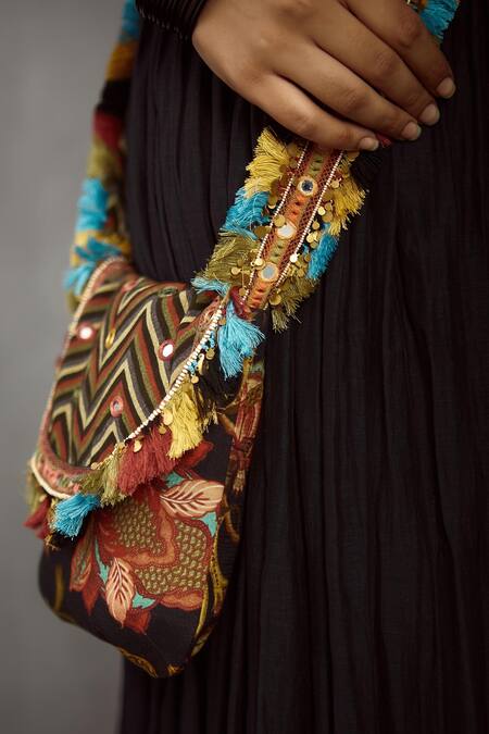 Torani_Black Chanderi Printed Sling Bag_Online_at_Aza_Fashions