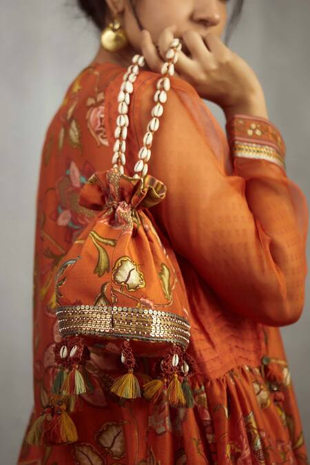 Torani_Orange Sequin Embroidery Chanderi Printed Potli Bag_Online_at_Aza_Fashions