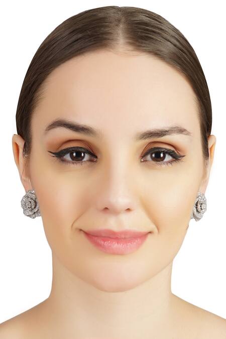 Shop_Auraa Trends_Silver Plated Crystals Rose Studs_at_Aza_Fashions