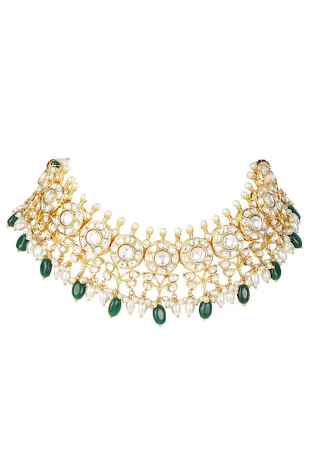 Shop_Auraa Trends_Gold Plated Beads, Stones, Zari Kundan Choker Earrings Set _Online_at_Aza_Fashions