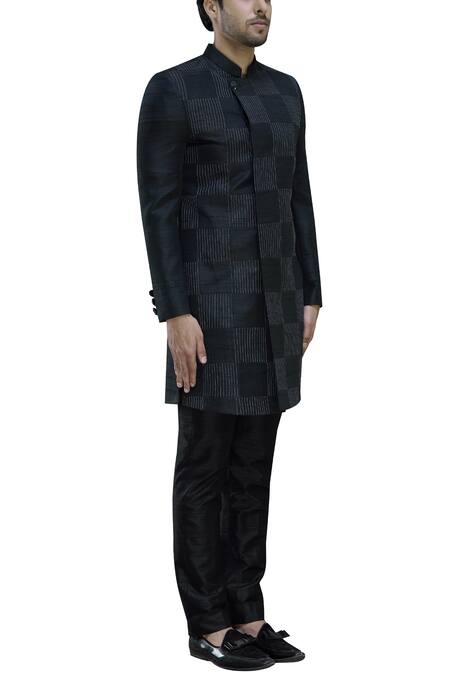 Manish Nagdeo Black Silk Embroidered Sherwani With Trousers Online at Aza Fashions Manish Nagdeo_Black Silk Embroidered Sherwani With Trousers _Online_at_Aza_Fashions